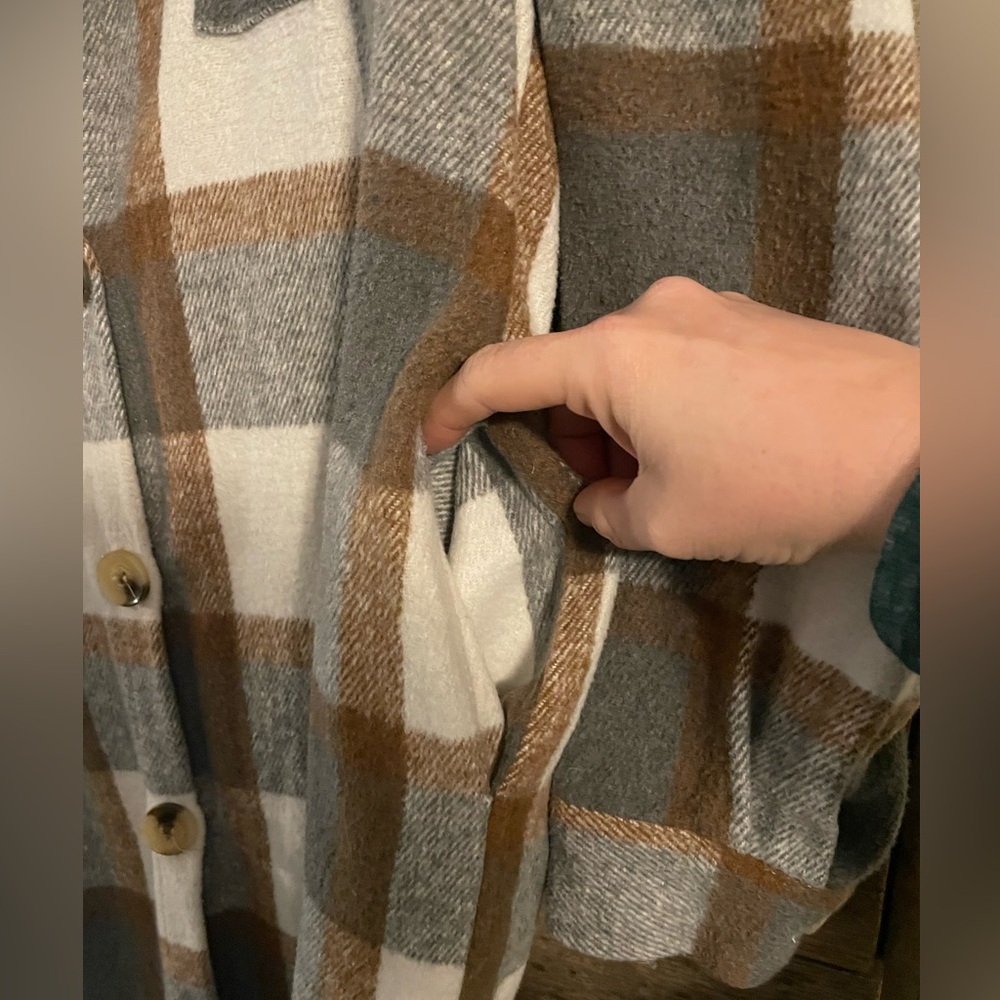 LONG Button-Up Shacket in Cream, Gray & Brown - Picture 3 of 4